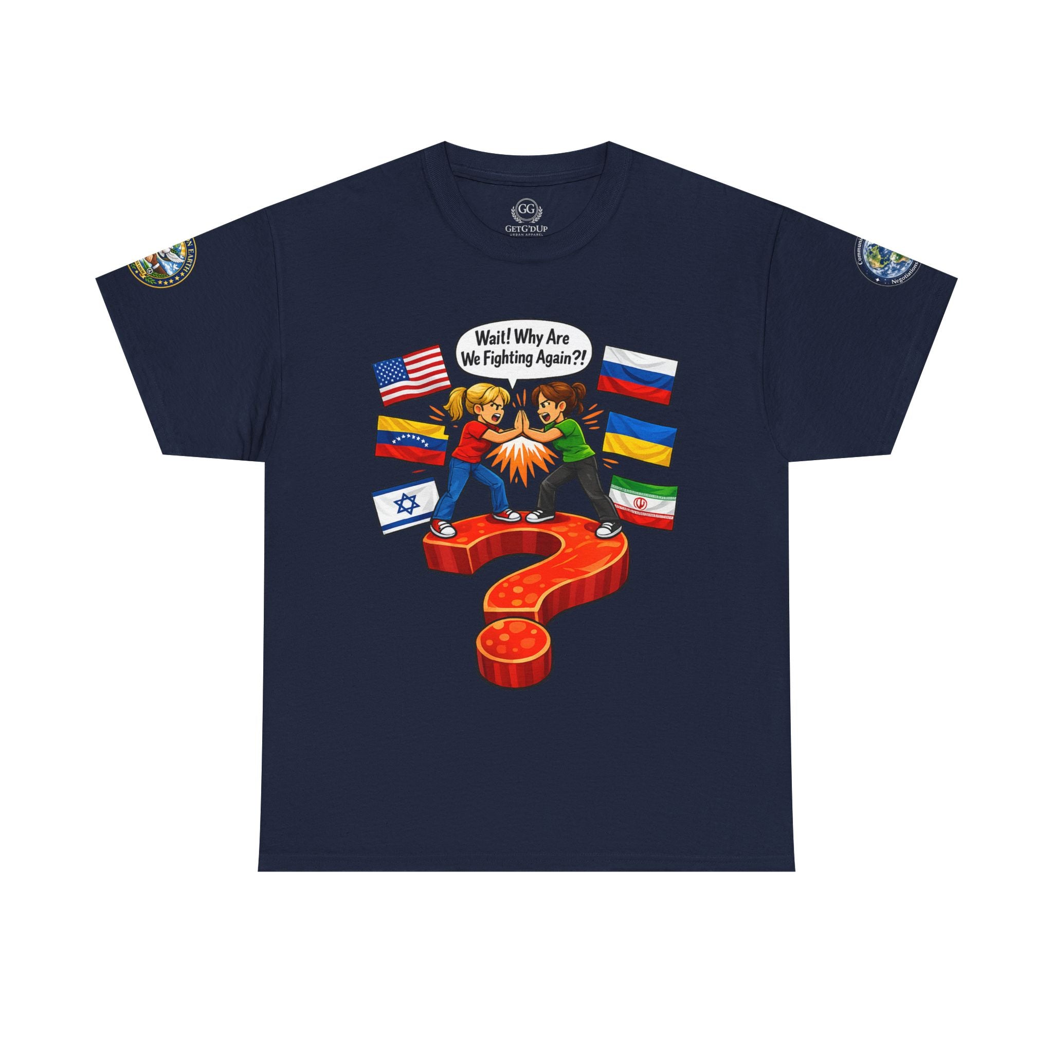 Global Conflict Question Mark Tee | diplomatic negotiations, flags artwork