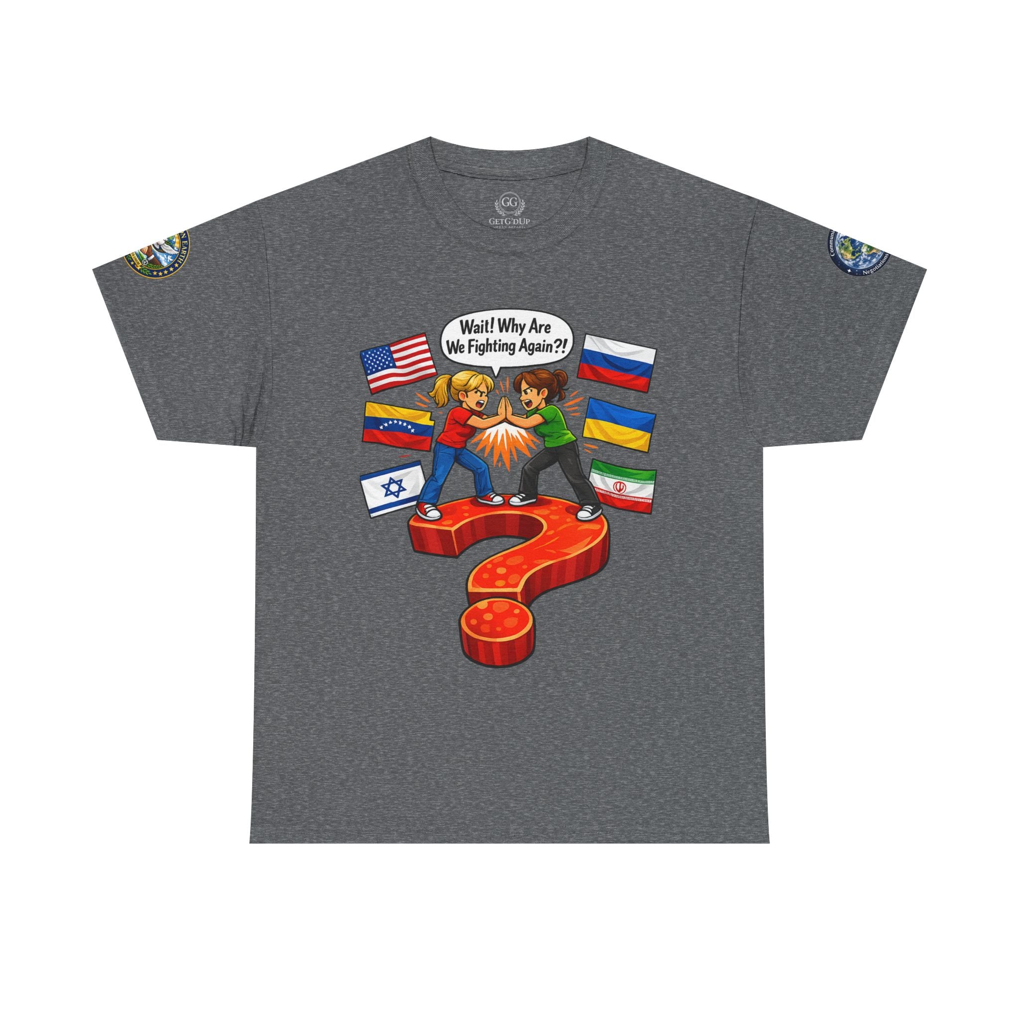 Global Conflict Question Mark Tee | diplomatic negotiations, flags artwork