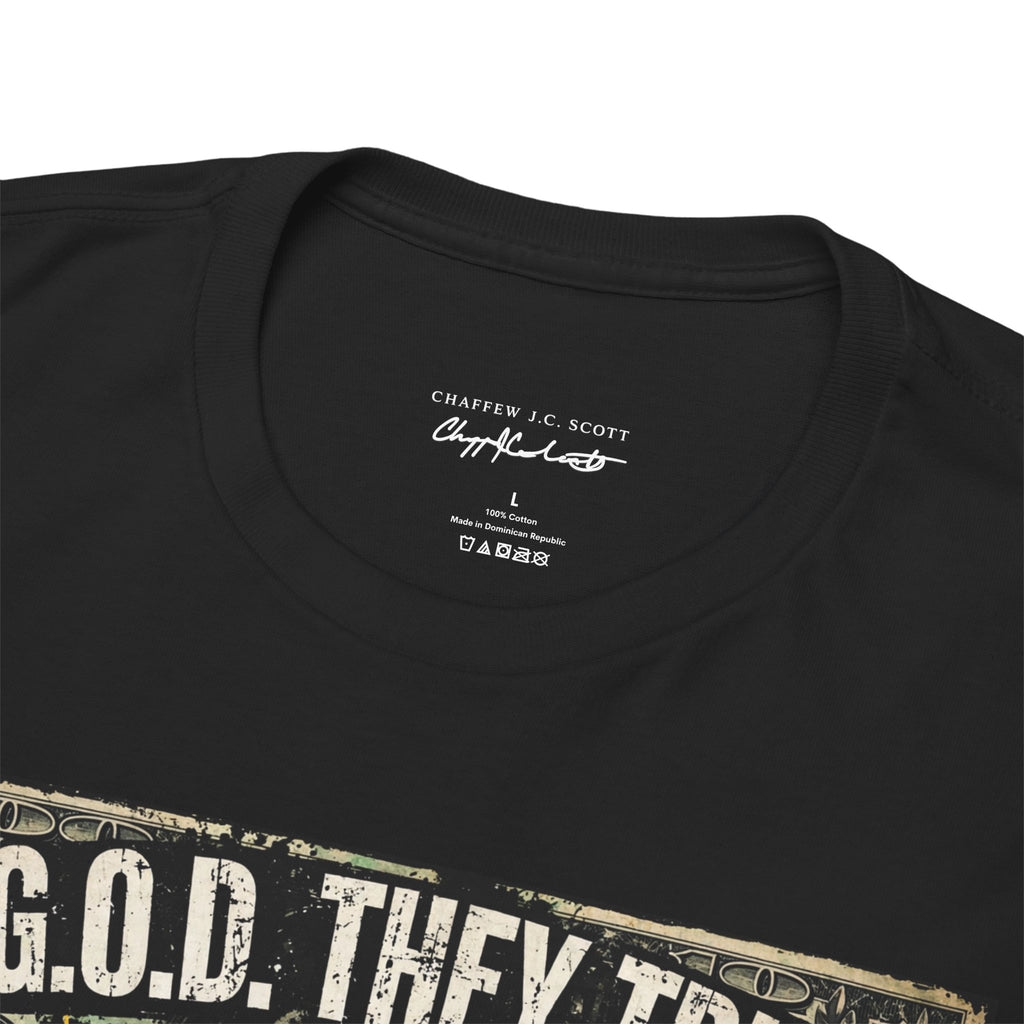 Political Graphic Tee — "In G.O.D. They Trust" American Flag Money Design