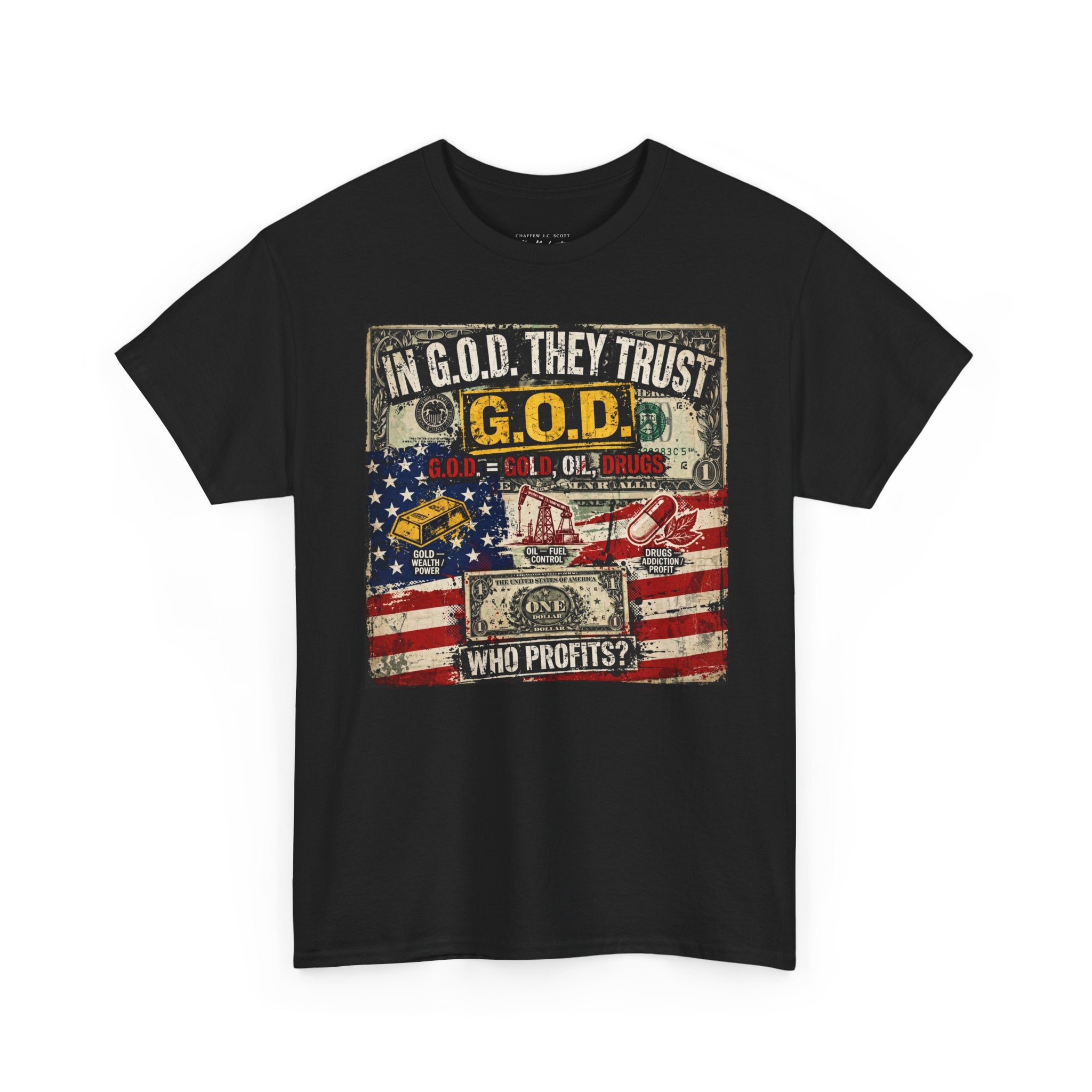 Political Graphic Tee — "In G.O.D. They Trust" American Flag Money Design