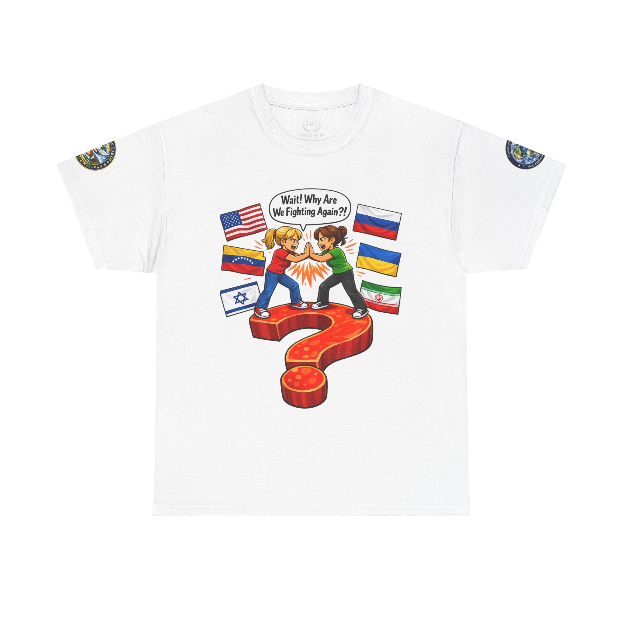 Global Conflict Question Mark Tee | diplomatic negotiations, flags artwork