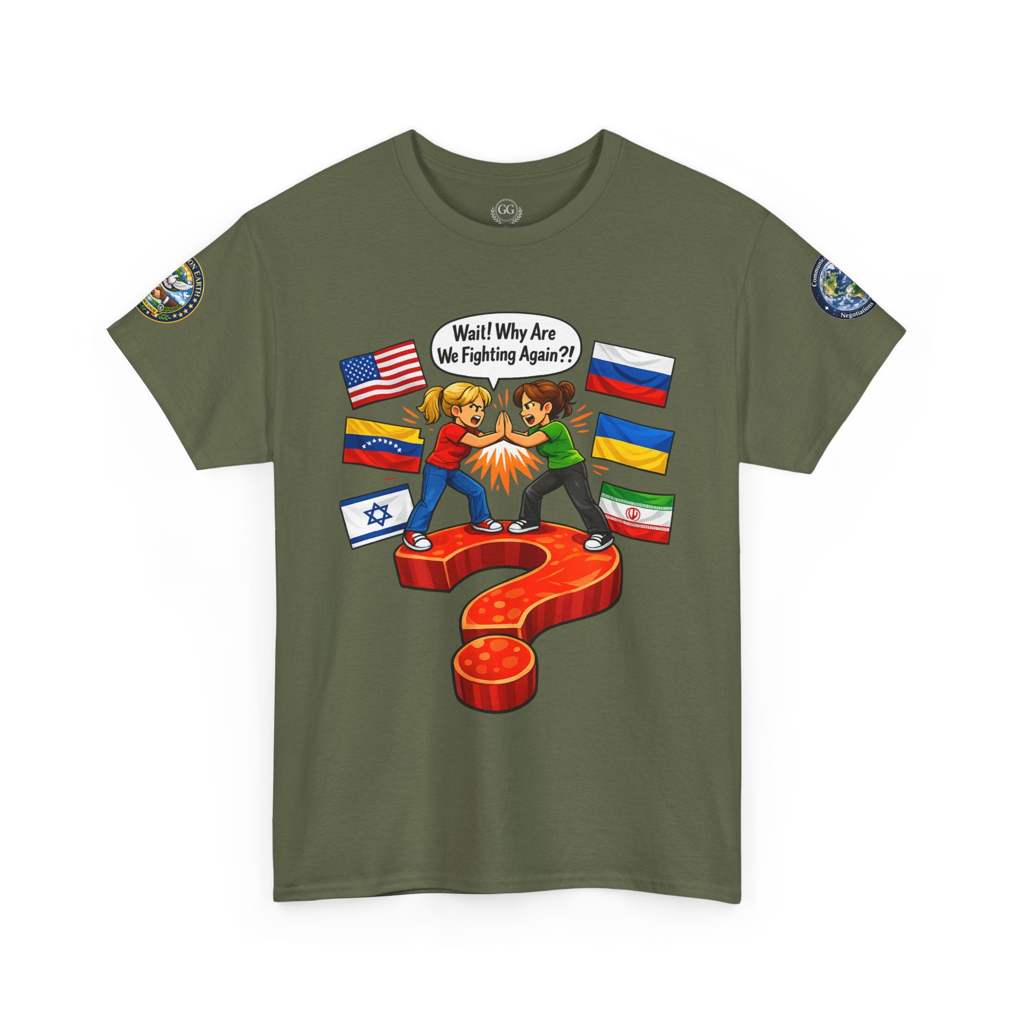 Global Conflict Question Mark Tee | diplomatic negotiations, flags artwork