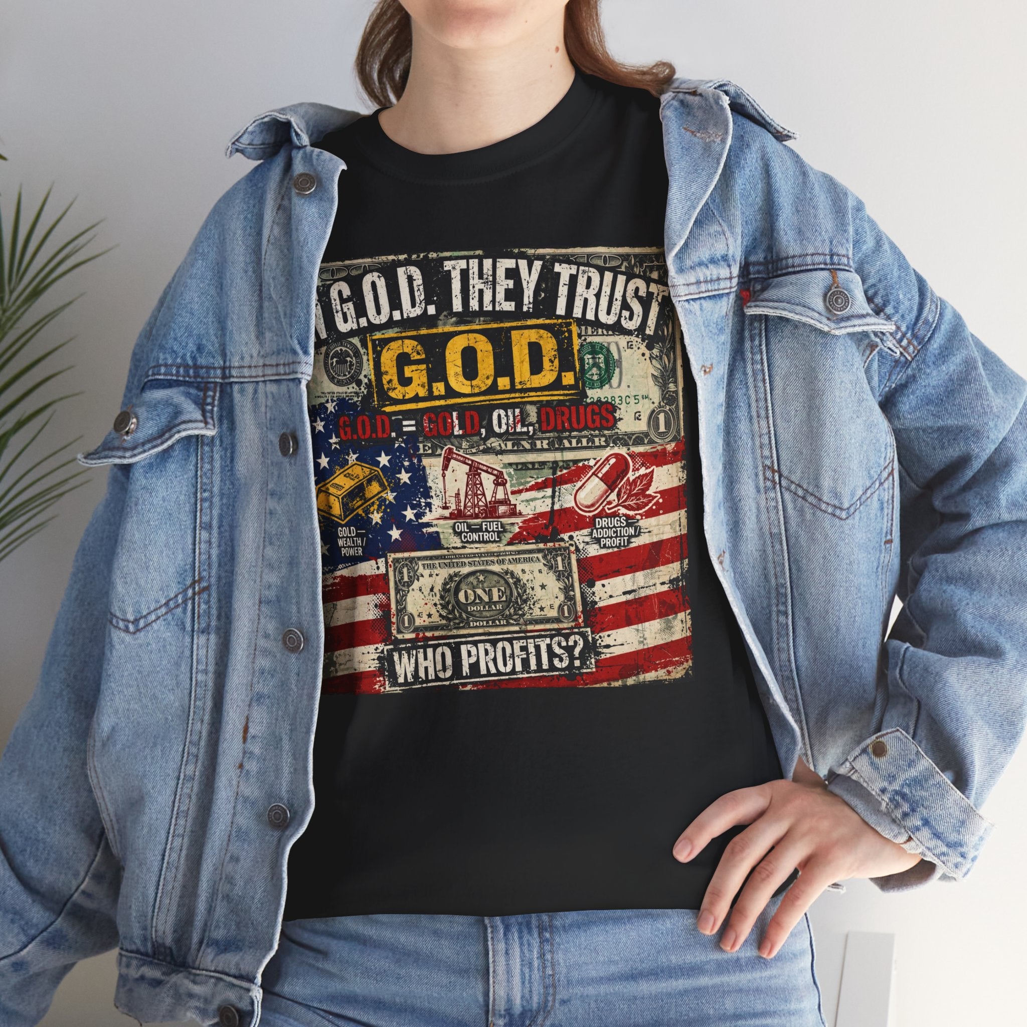 Political Graphic Tee — "In G.O.D. They Trust" American Flag Money Design