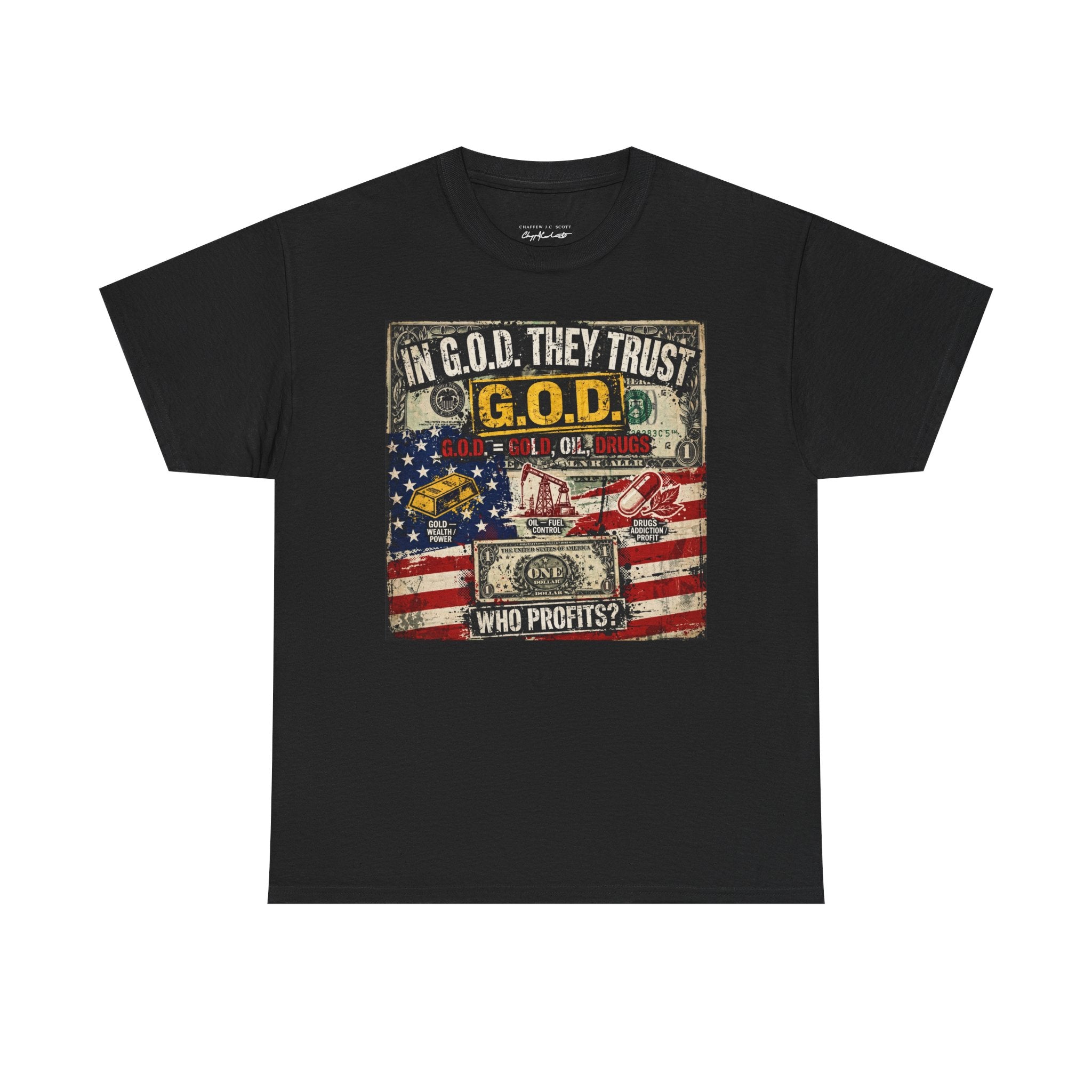 Political Graphic Tee — "In G.O.D. They Trust" American Flag Money Design