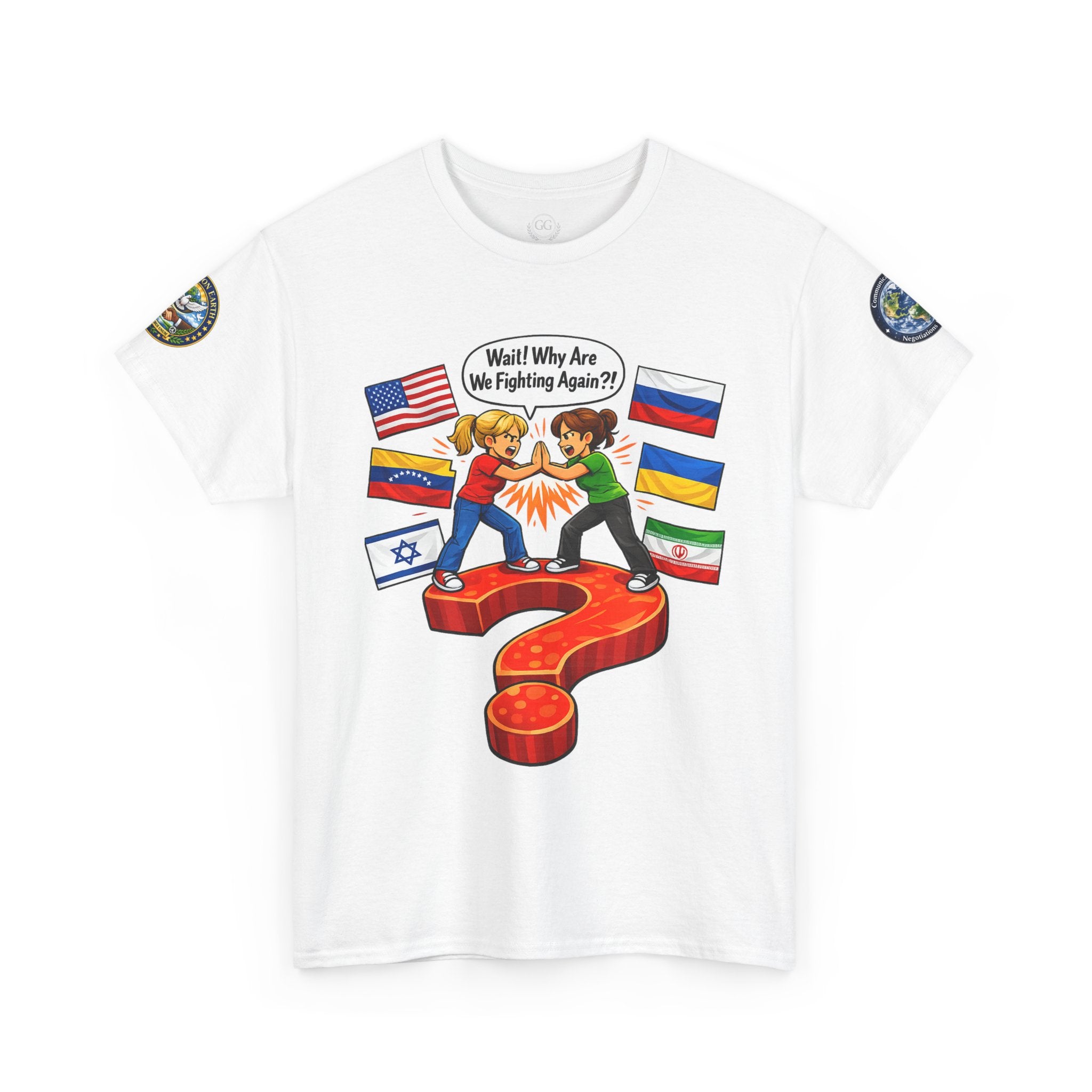 Global Conflict Question Mark Tee | diplomatic negotiations, flags artwork