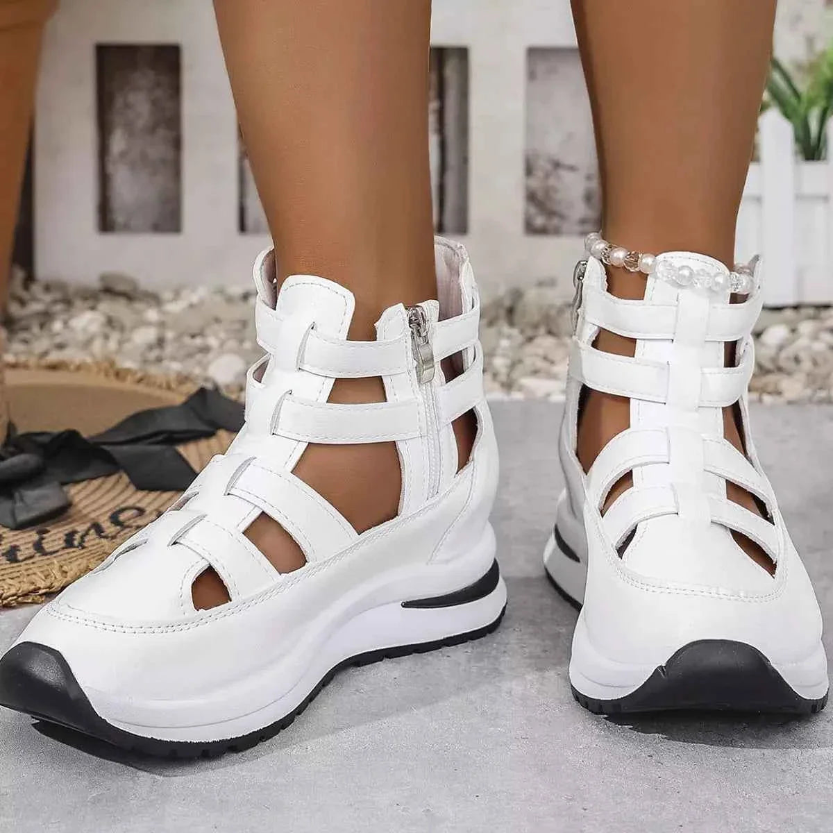Women's Cutout Platform Sneakers | Low Heel PU Leather Shoes