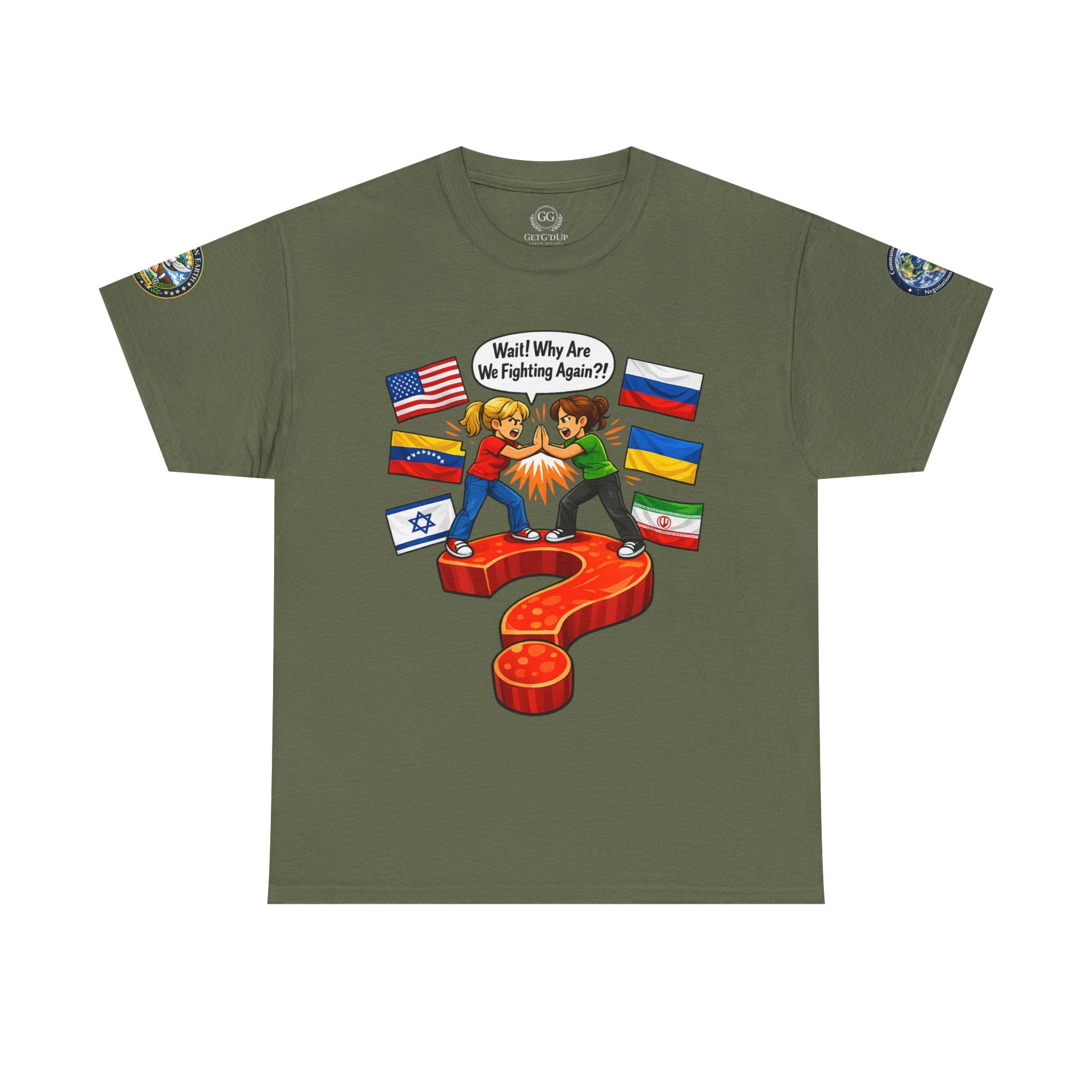 Global Conflict Question Mark Tee | diplomatic negotiations, flags artwork
