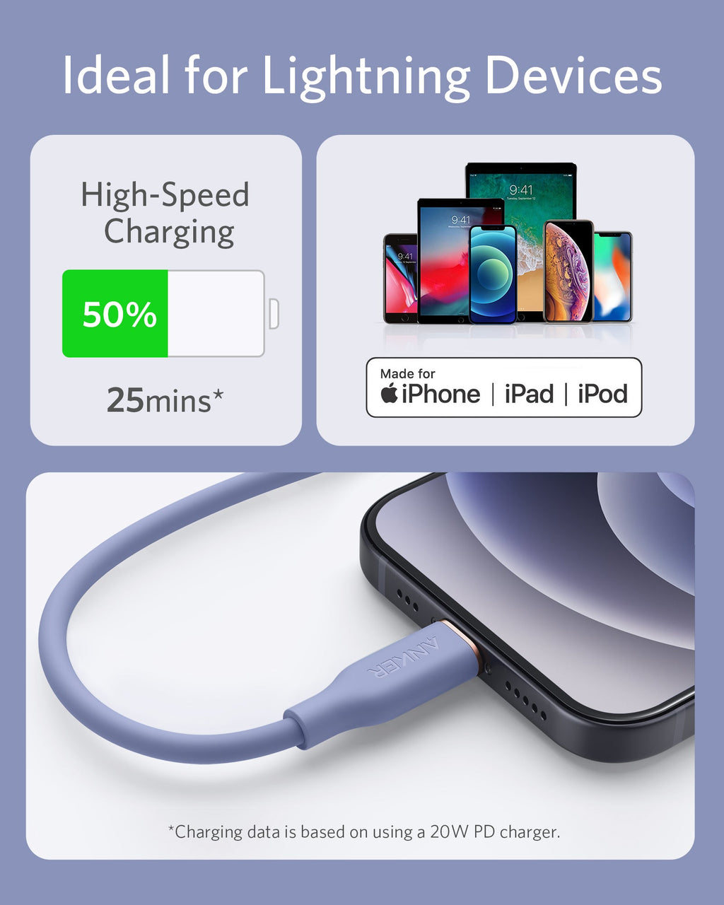 Anker <b>641</b> USB-C to Lightning Cable (Flow, 3 ft Silicone)