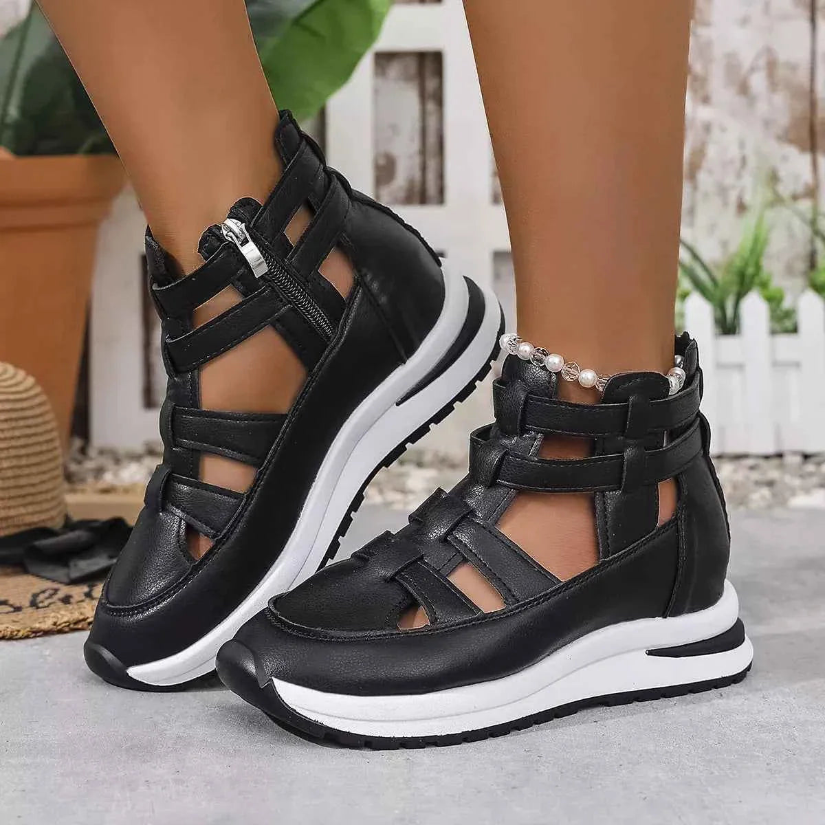 Women's Cutout Platform Sneakers | Low Heel PU Leather Shoes