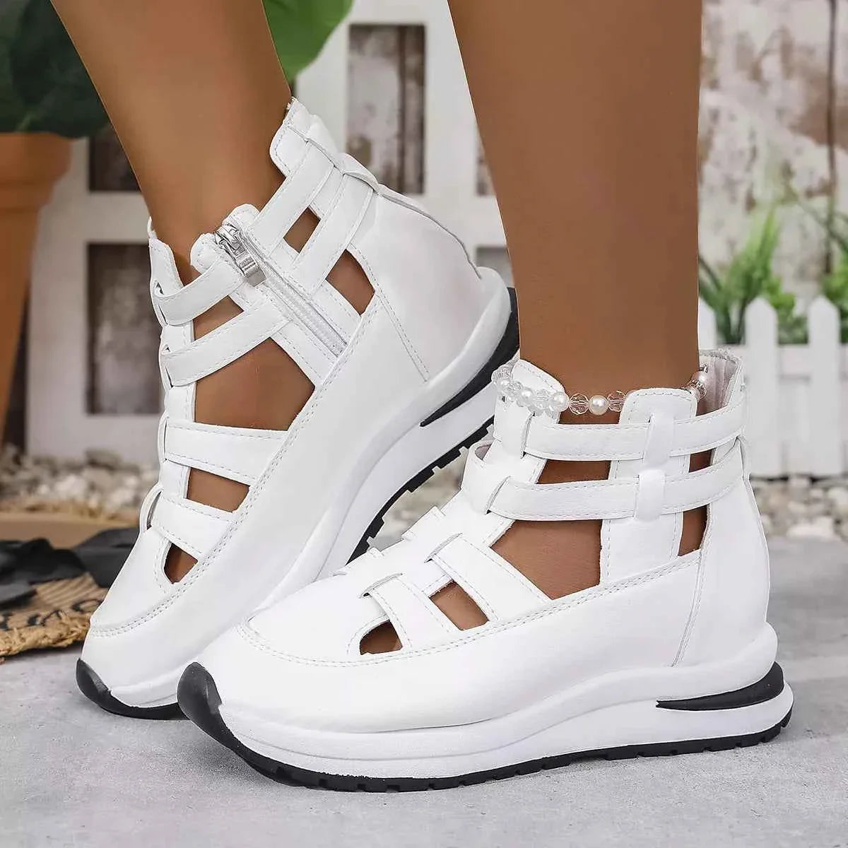 Women's Cutout Platform Sneakers | Low Heel PU Leather Shoes