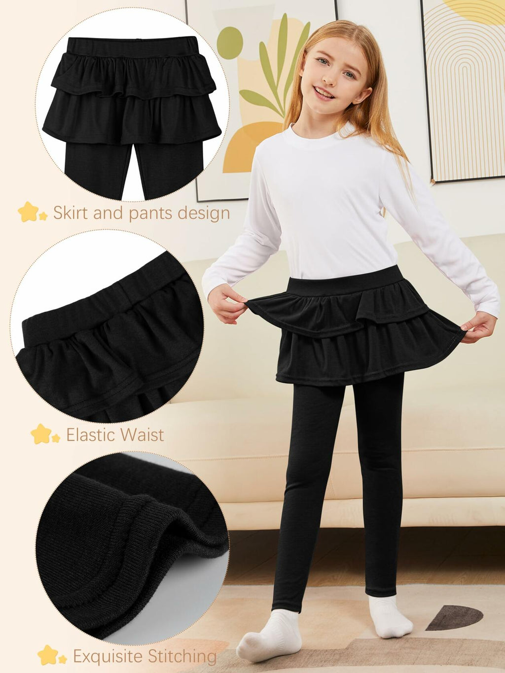 HoeVou Girls Leggings with Skirt Ruffle Pants Black Navy Blue Size 7-8 Years